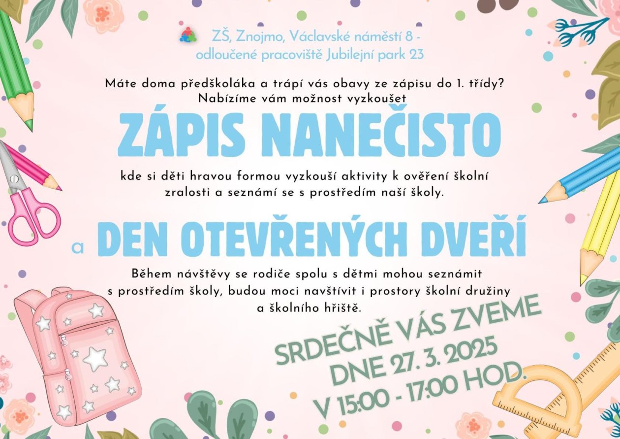 Den otevřených dveří a zápis nanečisto  - budova Jubilejní park