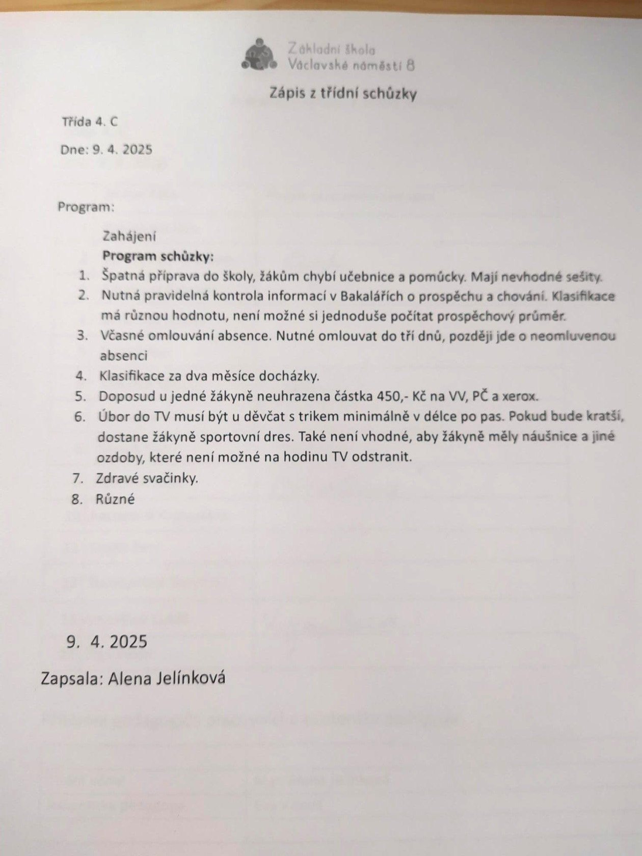 Zápis z třídní schůzky 9.4. 2025