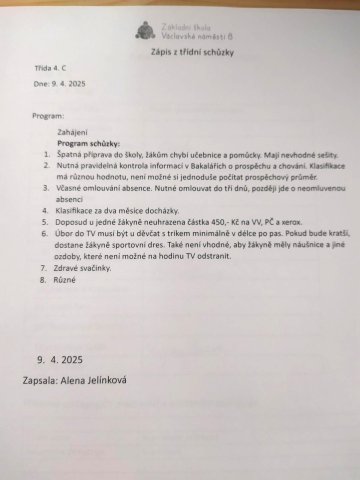 Zápis z třídní schůzky 9.4. 2025